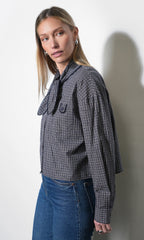 Honey Boxy Tie Neck Checked Button Down Top