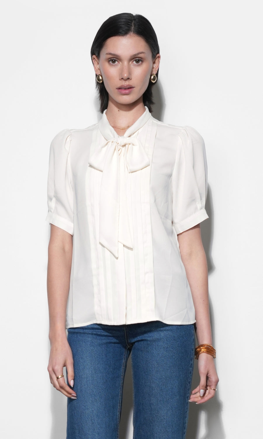 Fatima Pleated Tie Neck Short Sleeve Blouse