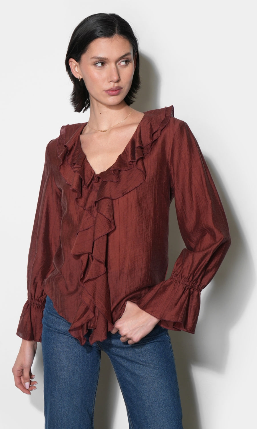 Gemma Cascading Ruffle Button Front Long Sleeve Top