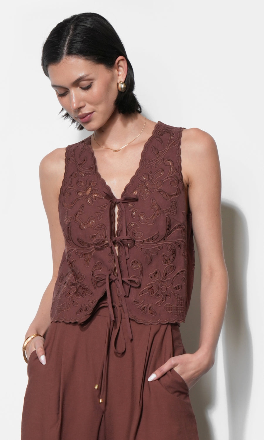 Faye Embroidered Tie Front Vest