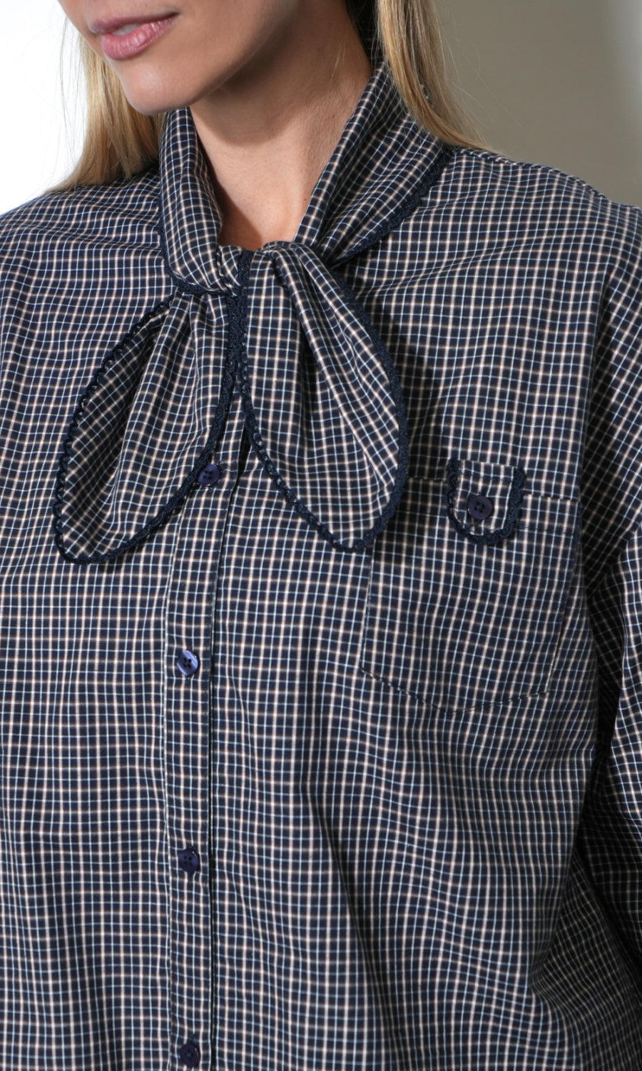Honey Boxy Tie Neck Checked Button Down Top