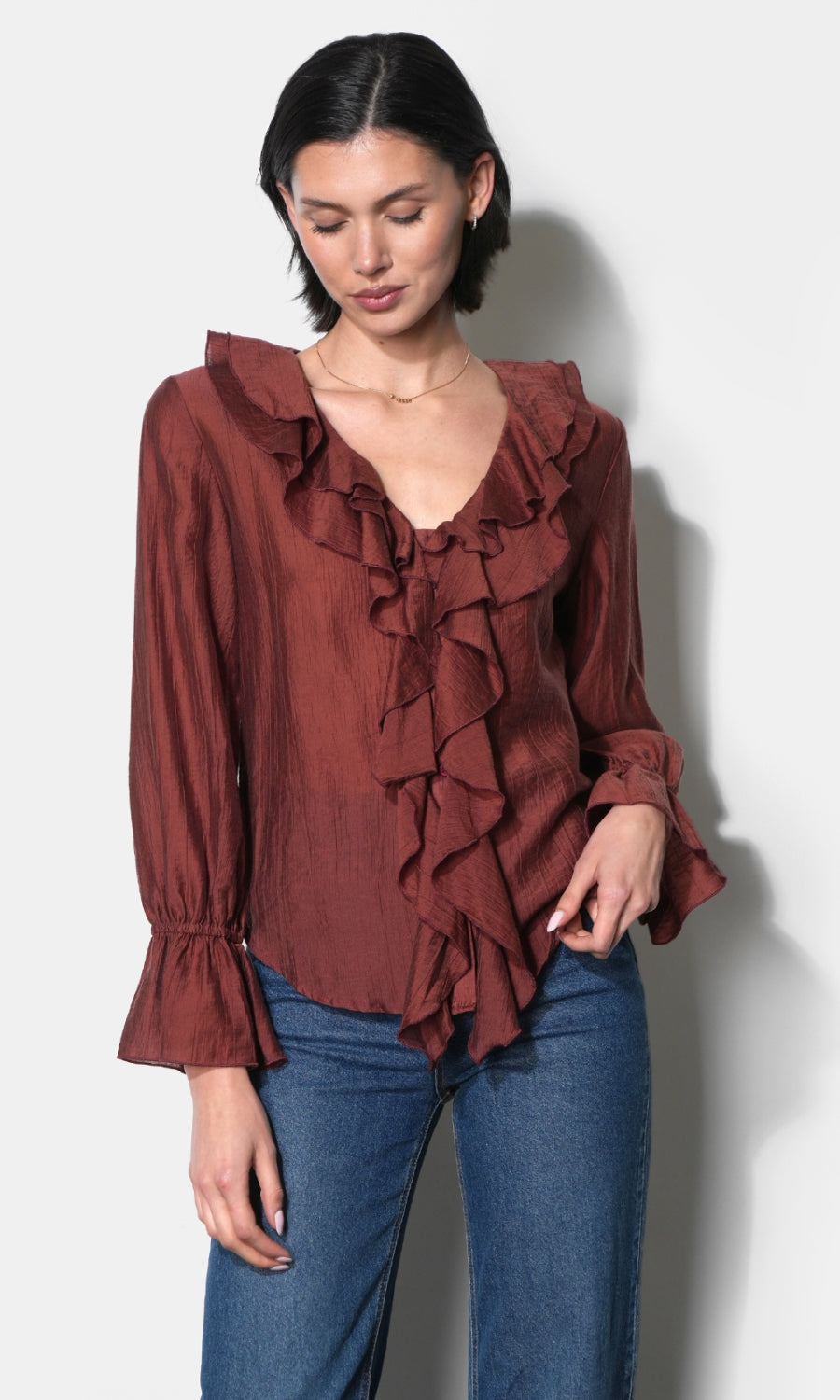 Gemma Cascading Ruffle Button Front Long Sleeve Top