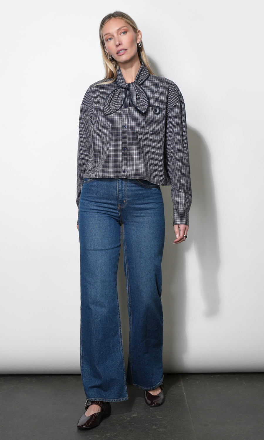 Honey Boxy Tie Neck Checked Button Down Top