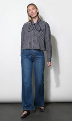 Honey Boxy Tie Neck Checked Button Down Top